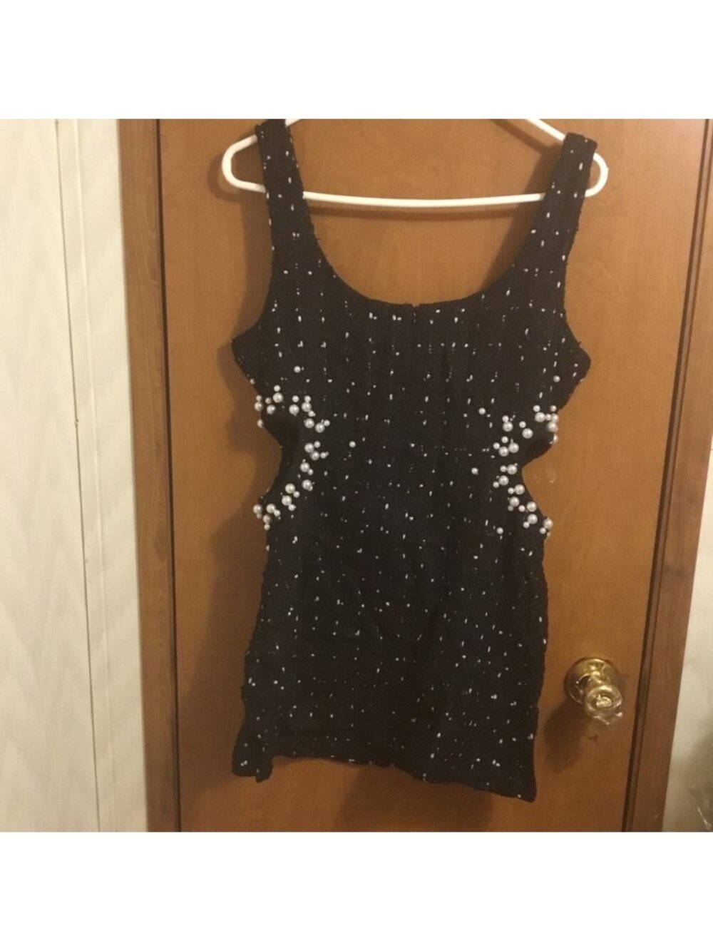 Black Texture Tweed Weave Cutout Mini Dress With Faux Pearls L - Picture 9 of 16